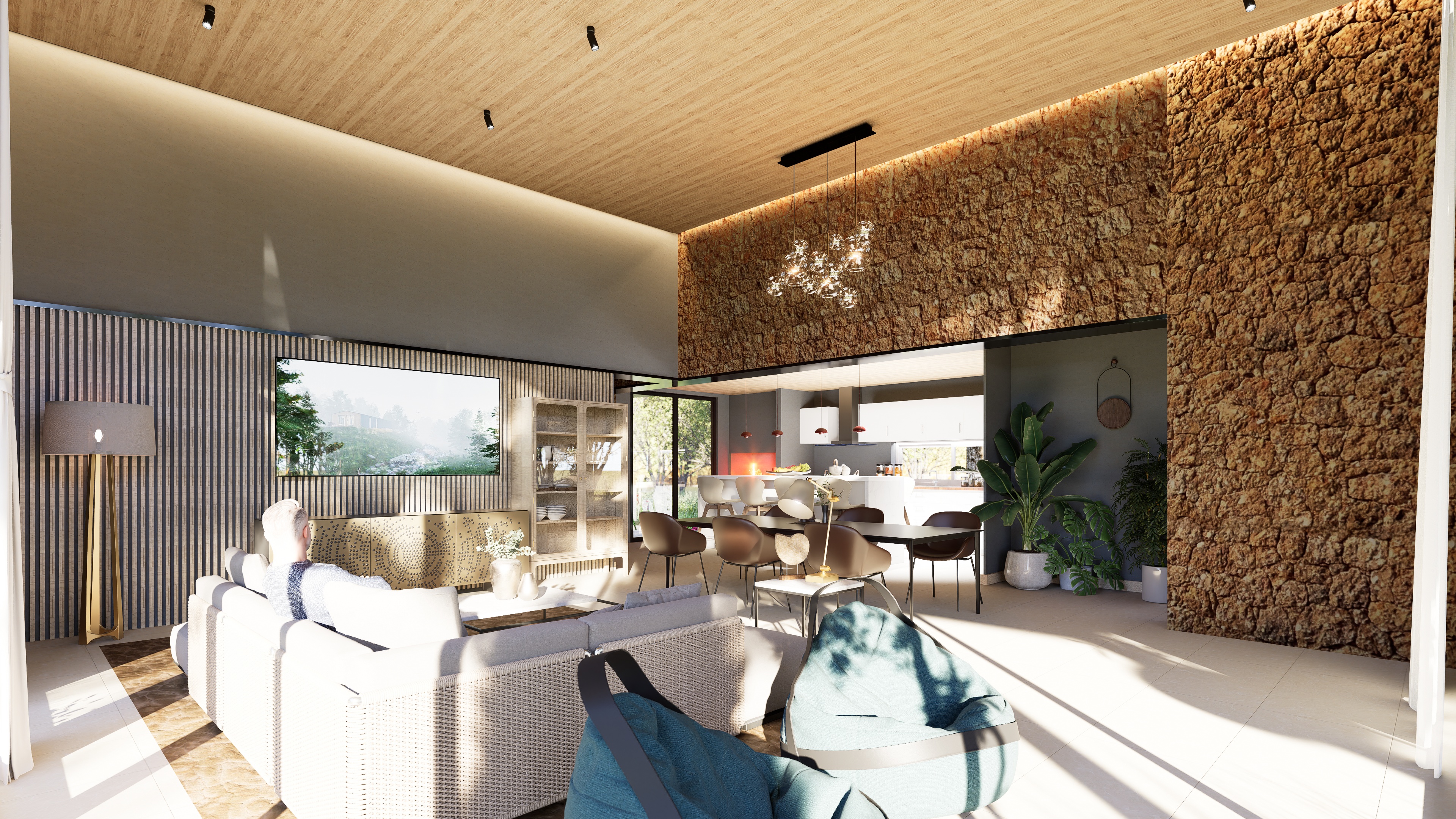 Interior con muro de piedra y cocina